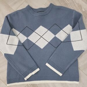 Men's Blue and White Argyle Crewneck Sweater